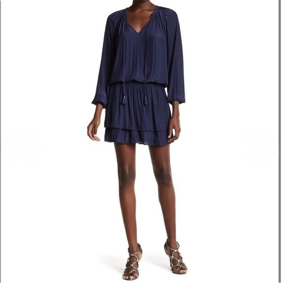 Ramy Brook Navy Raylene Tiered V Neck Long Sleeve Mini Dress Size XS - Picture 2 of 7
